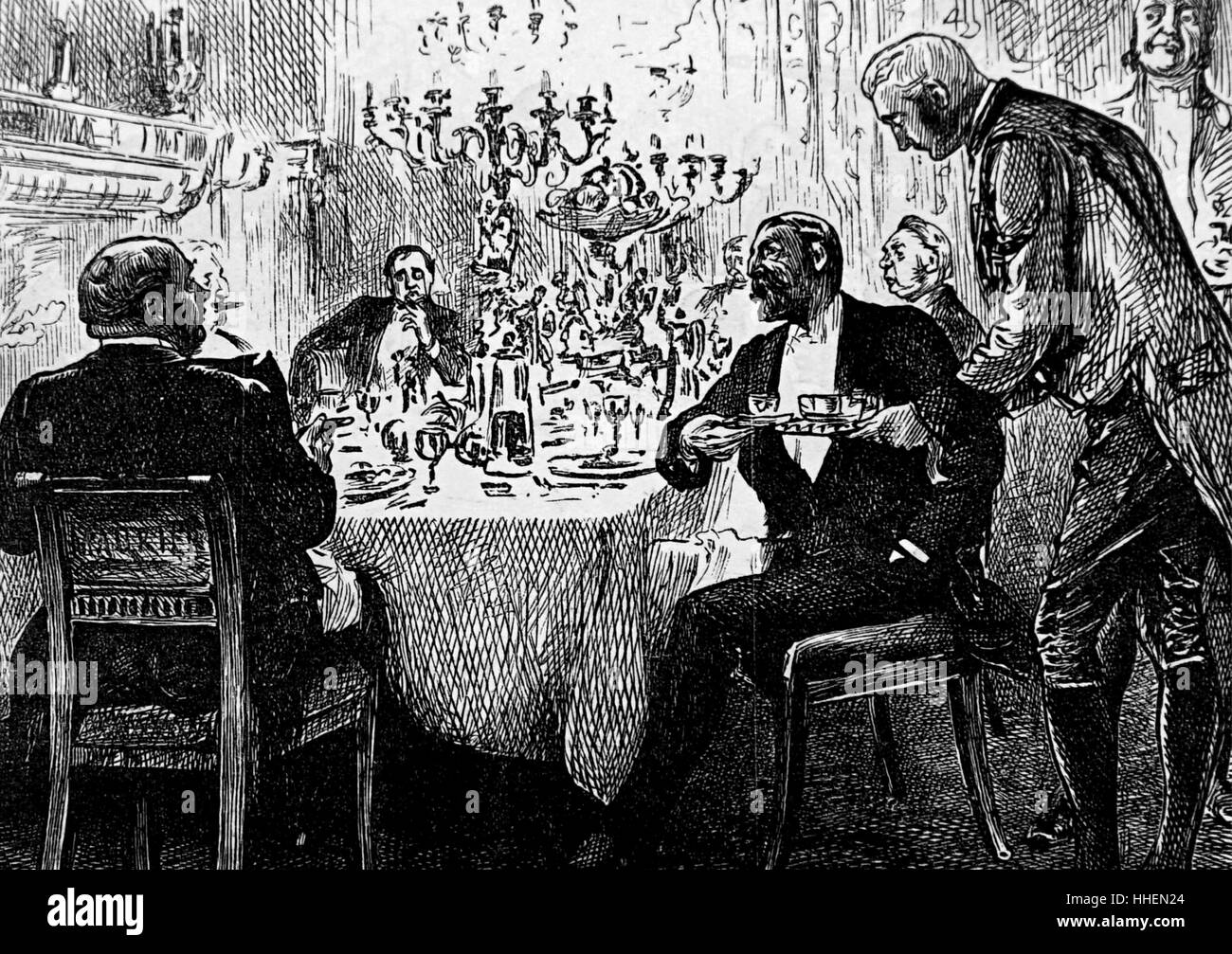 Illustration depicting an upper class family at the table. Illustrated by George du Maurier (1834-1896) a Franco-British cartoonist and author. Dated 19th Century Stock Photo