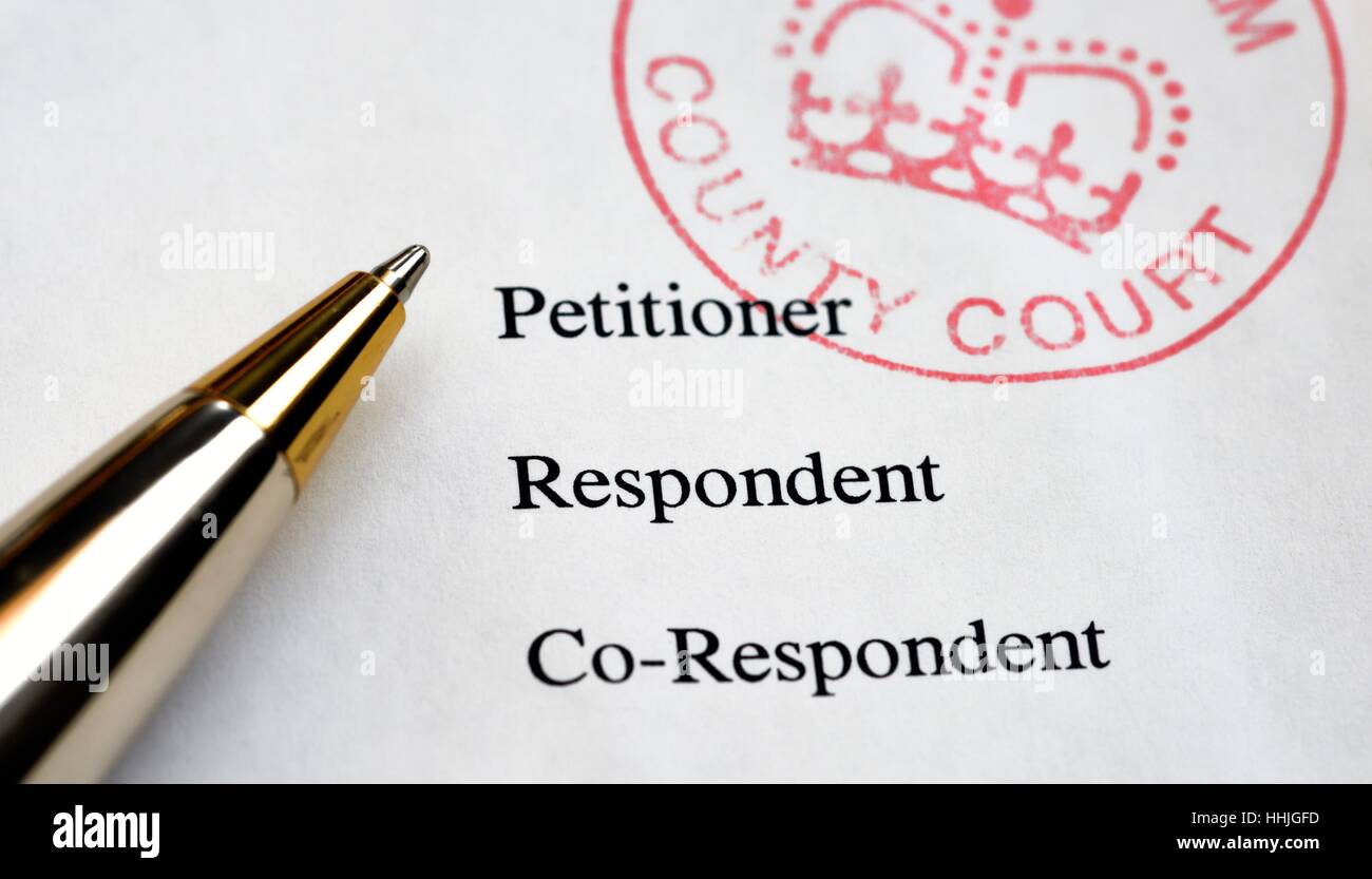 County court divorce papers, petitioner,respondent,co-respondent and a pen ready for signing. Stock Photo