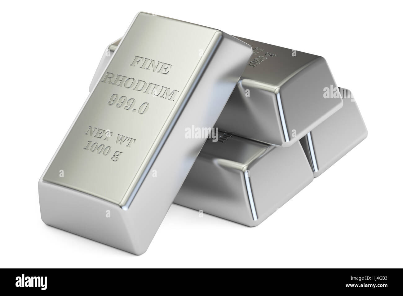 rhodium ingots closeup, 3D rendering isolated on white background Stock Photo