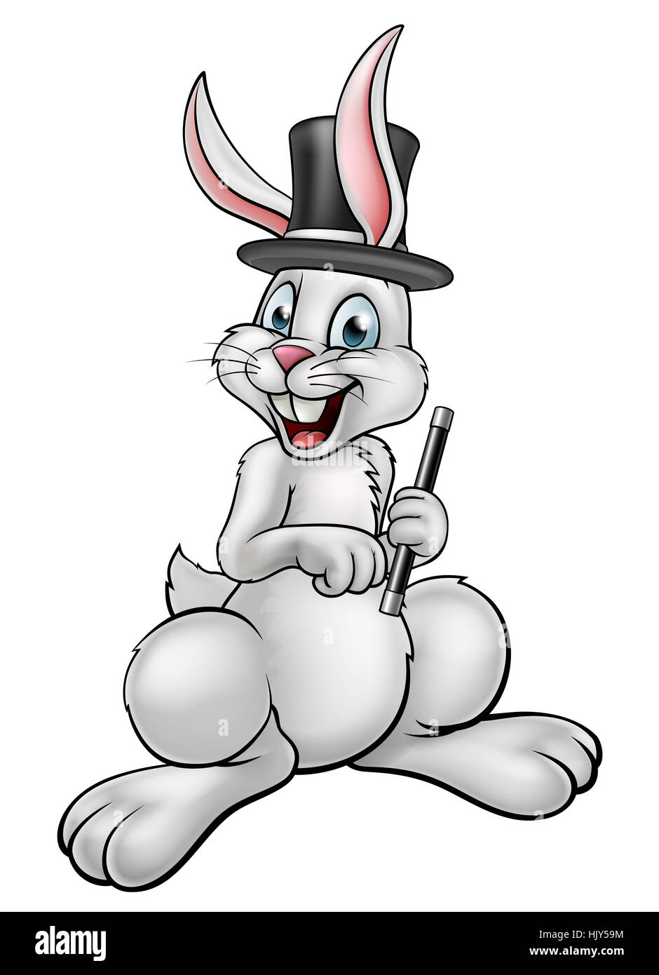 A cartoon white rabbit magician character wearing a hat and holding a magic wand Stock Photo