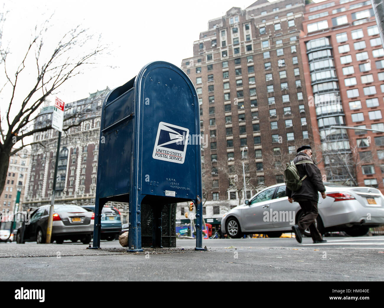 A United States Postal Service box stands on the sidewalk on Amsterdam Avenue in Manhattan. Stock Photo