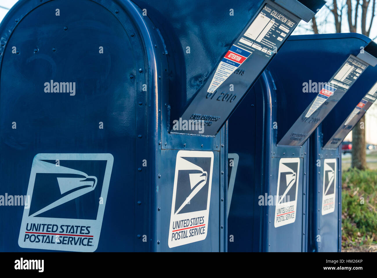 United States Postal Service mailboxes at a USPS postal facility in Metro Atlanta, Georgia. (USA) Stock Photo