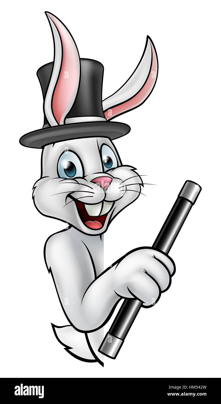 A cartoon white rabbit magician character peeking around a sign wearing a hat and holding a magic wand Stock Photo