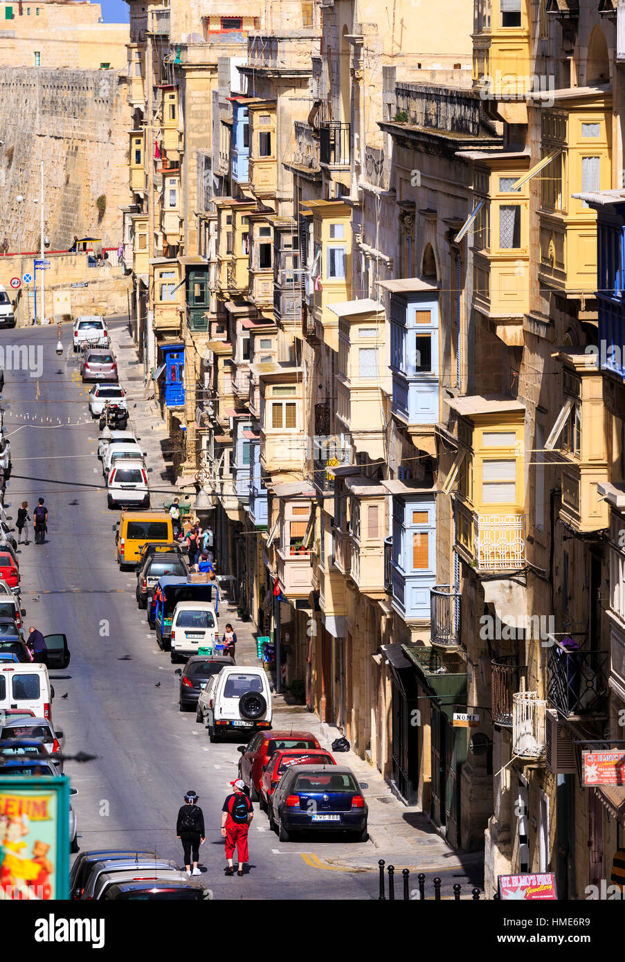 the famous wooden balconies of Valletta old town, Malta Stock Photo