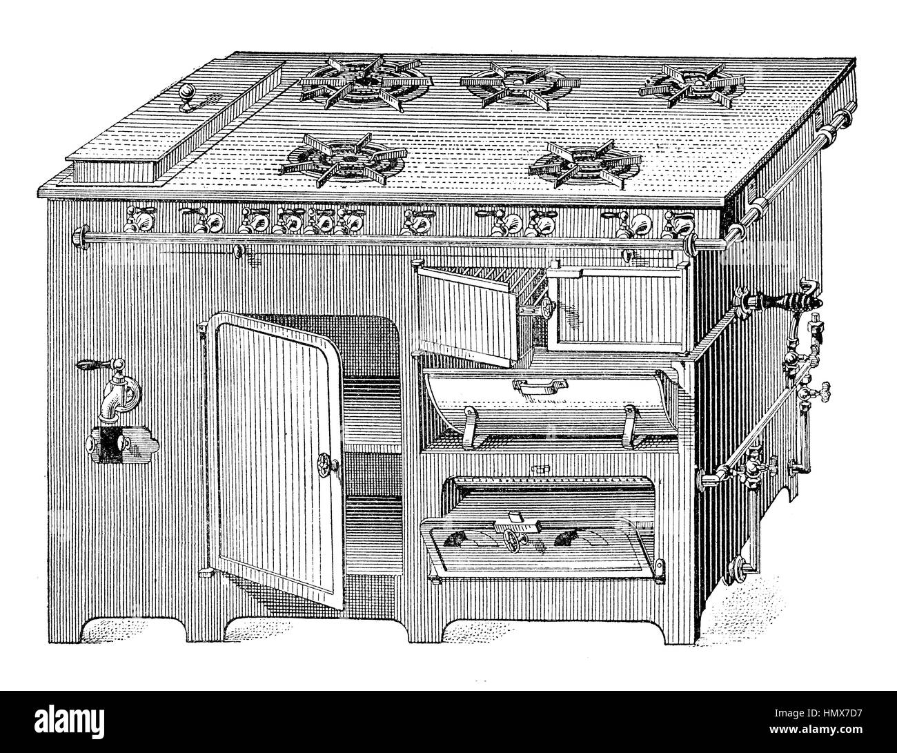 Gas kitchen stove as cooking device with scientifically controlled heat and gas fuel Stock Photo