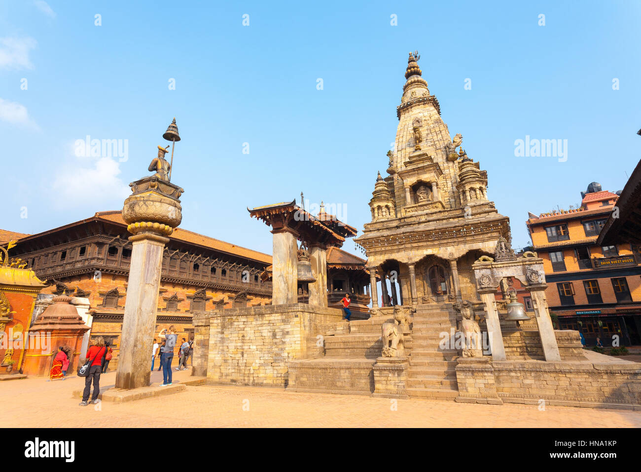 Bhaktapur, Nepal - October 31, 2013: Close view of undamaged Vatsala Durga Temple and 55 Window Palace on blue sky day before 2015 Gorkha earthquake d Stock Photo