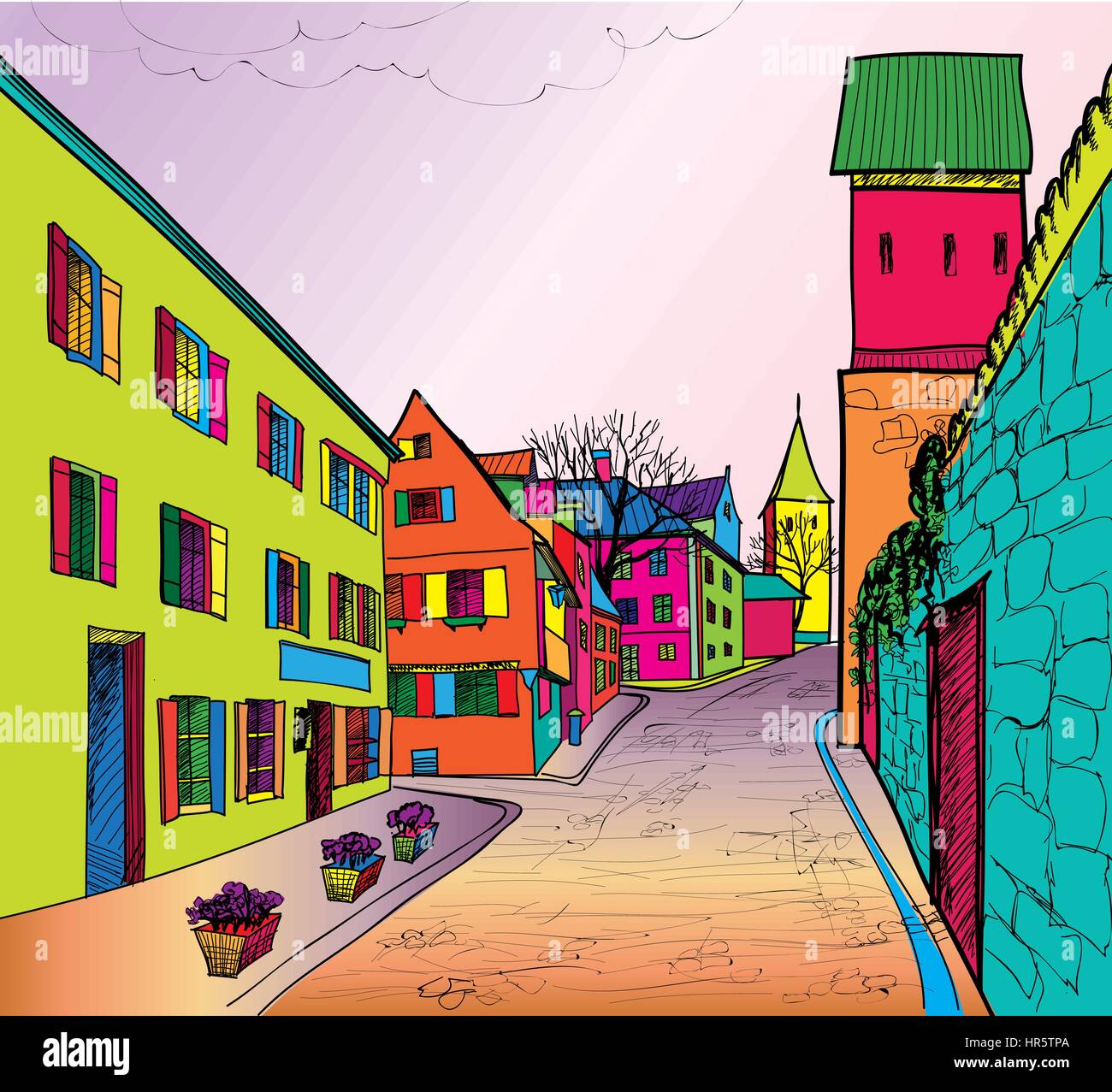 Travel postcard in 1960s pop art style. Pedestrian street in the old european city with tower on the background. Historic city street. Funck urban sce Stock Vector