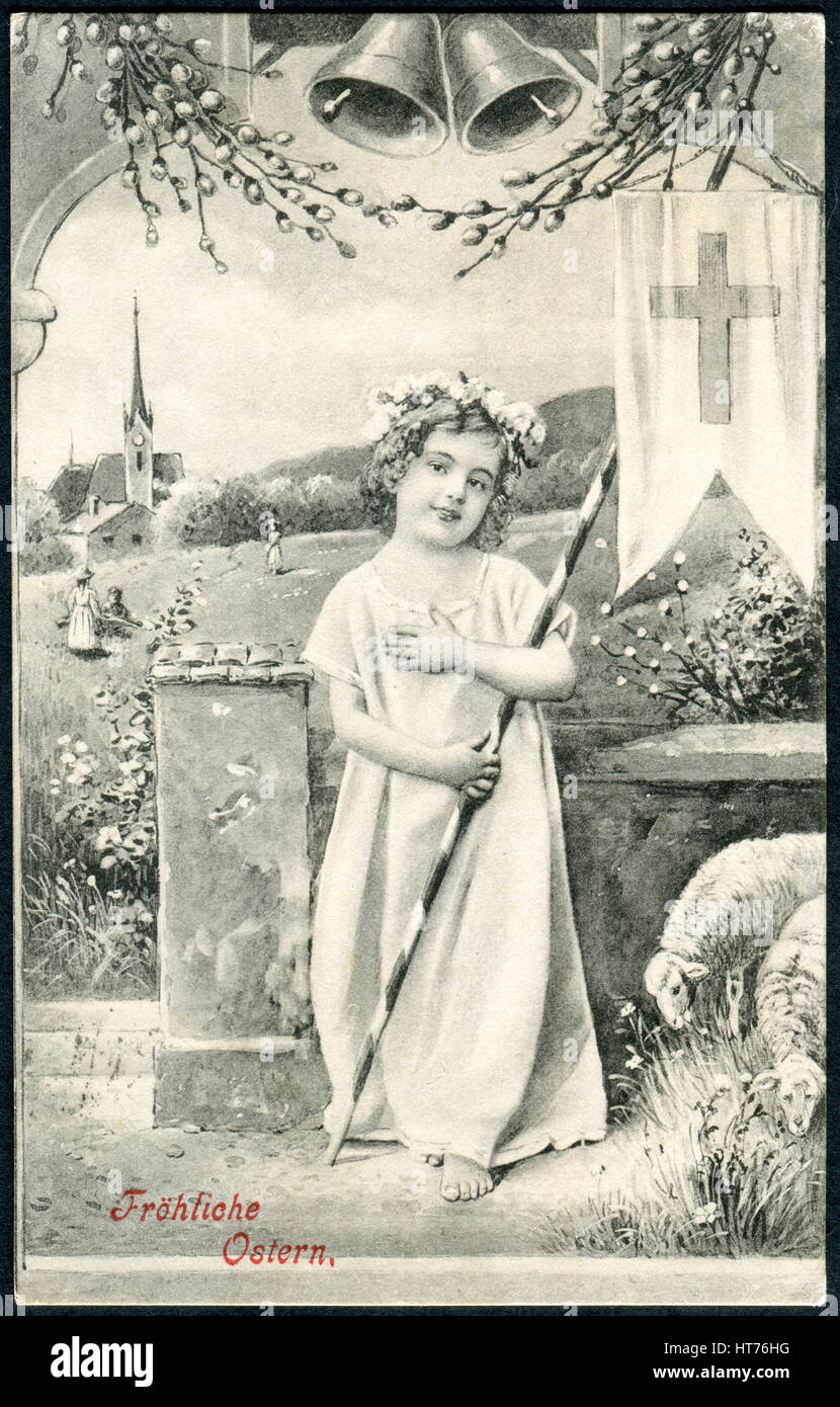 A postcard printed in Austria, shows the rural landscape and small child as an angel. The inscription in German: Happy Easter Stock Photo