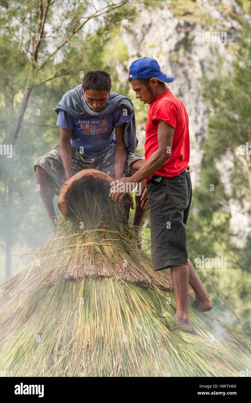 Indonesia East Nusa Tenggara West Timor South Central Timor Regency Fatumnasi men finishing the building of a Timorese Stock Photo