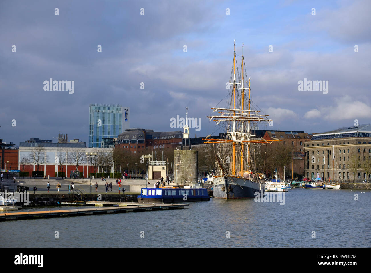 Tall ship moored at The Harbourside in Bristol, UK Stock Photo