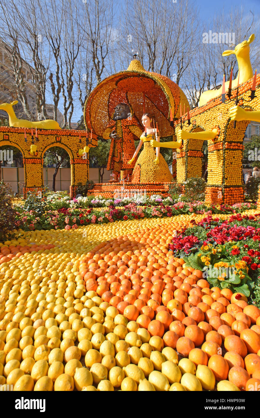 Lemon Festival or Fete du Citron Menton France displays in the Bioves Gardens themed on productions of Broadway Stock Photo