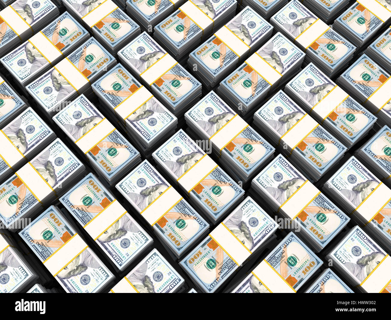 3d illustration of 100 dollars stacks background Stock Photo