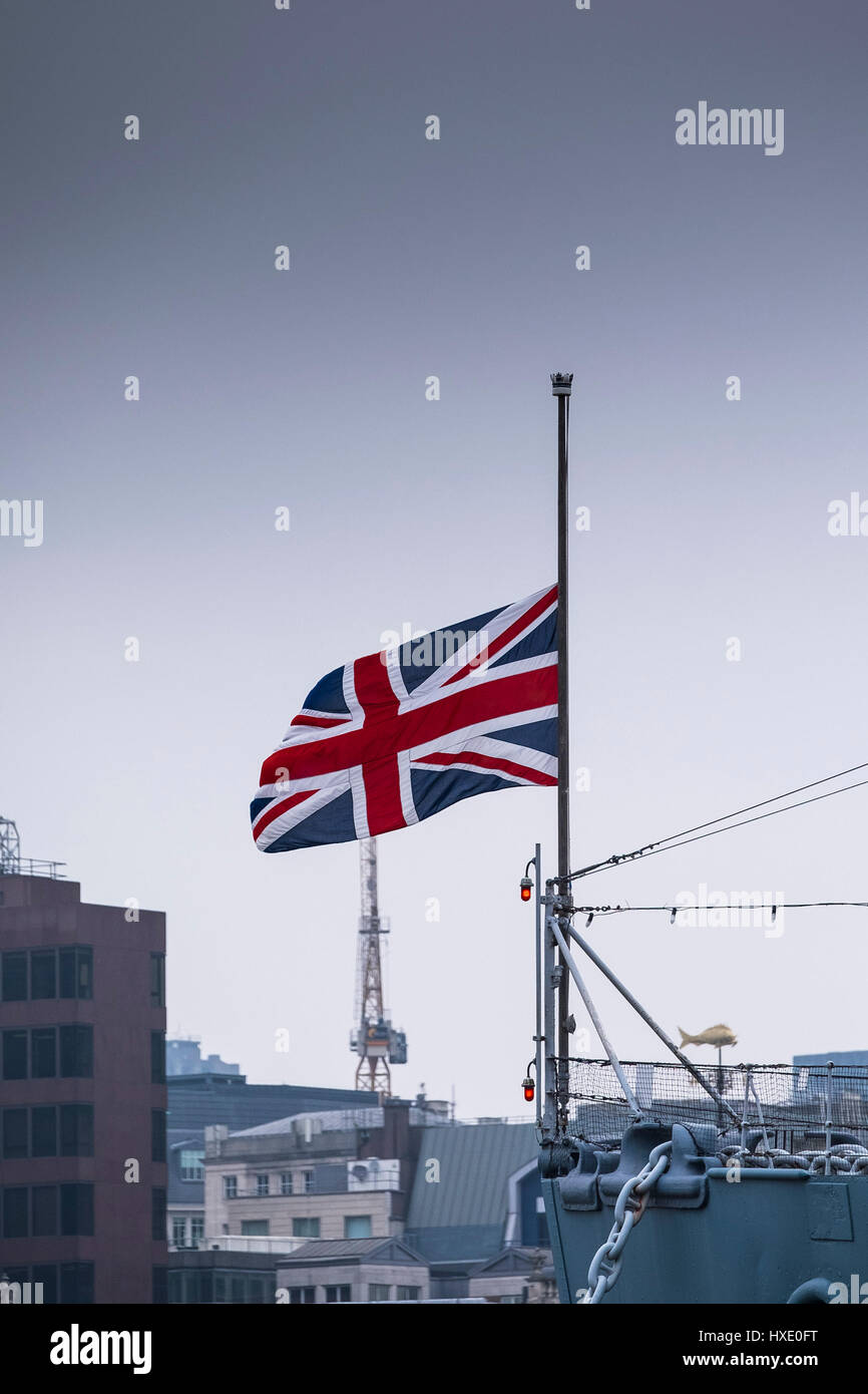 Union Flag Jackstaff Half-mast Bow Prow Ship Naval Jack Stock Photo