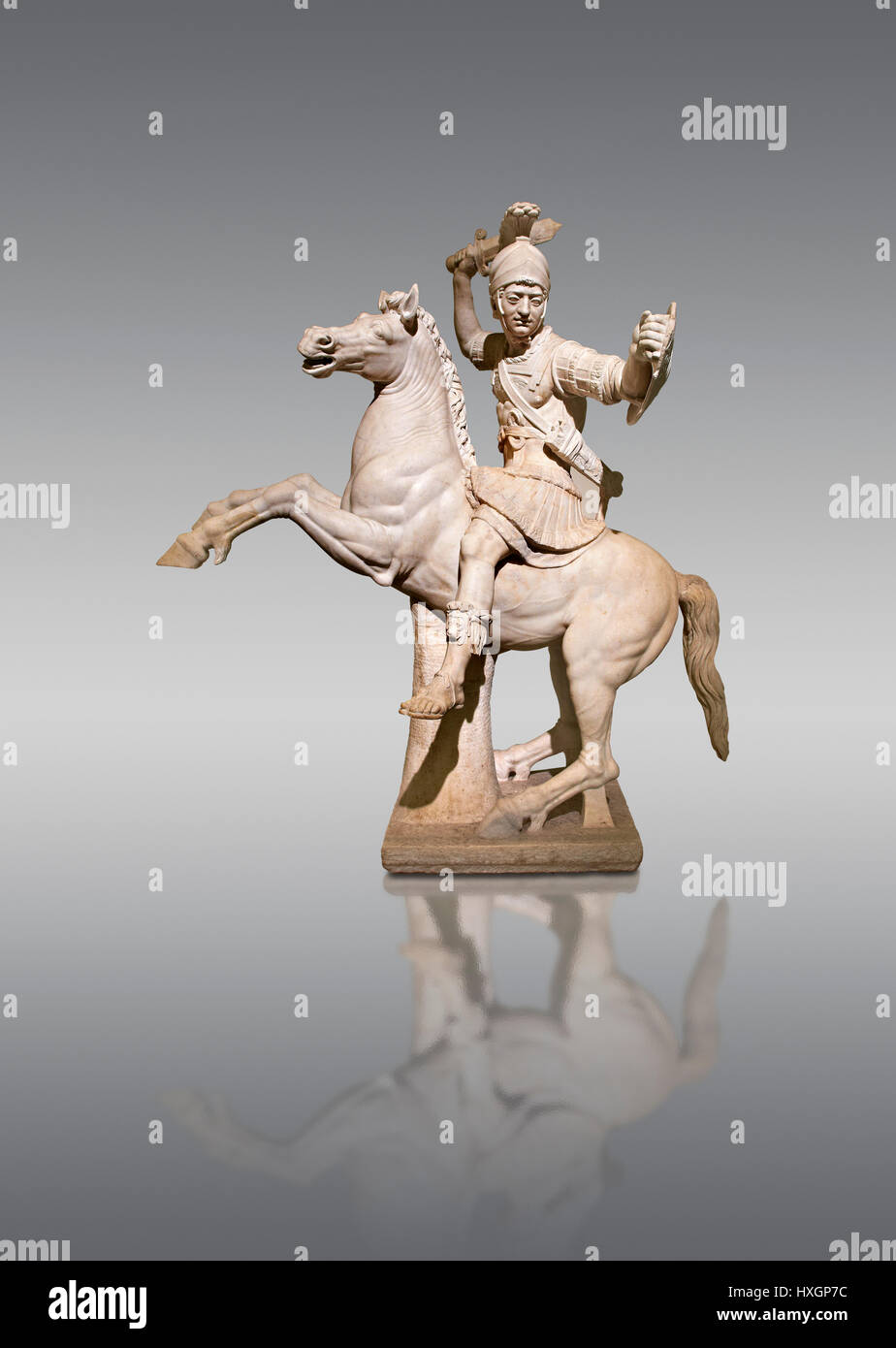 Roman marble sculpture of a warrior on horseback, a 2nd century AD, inv 6405, Naples National Museum of Archaeology, Italy, grey background Stock Photo