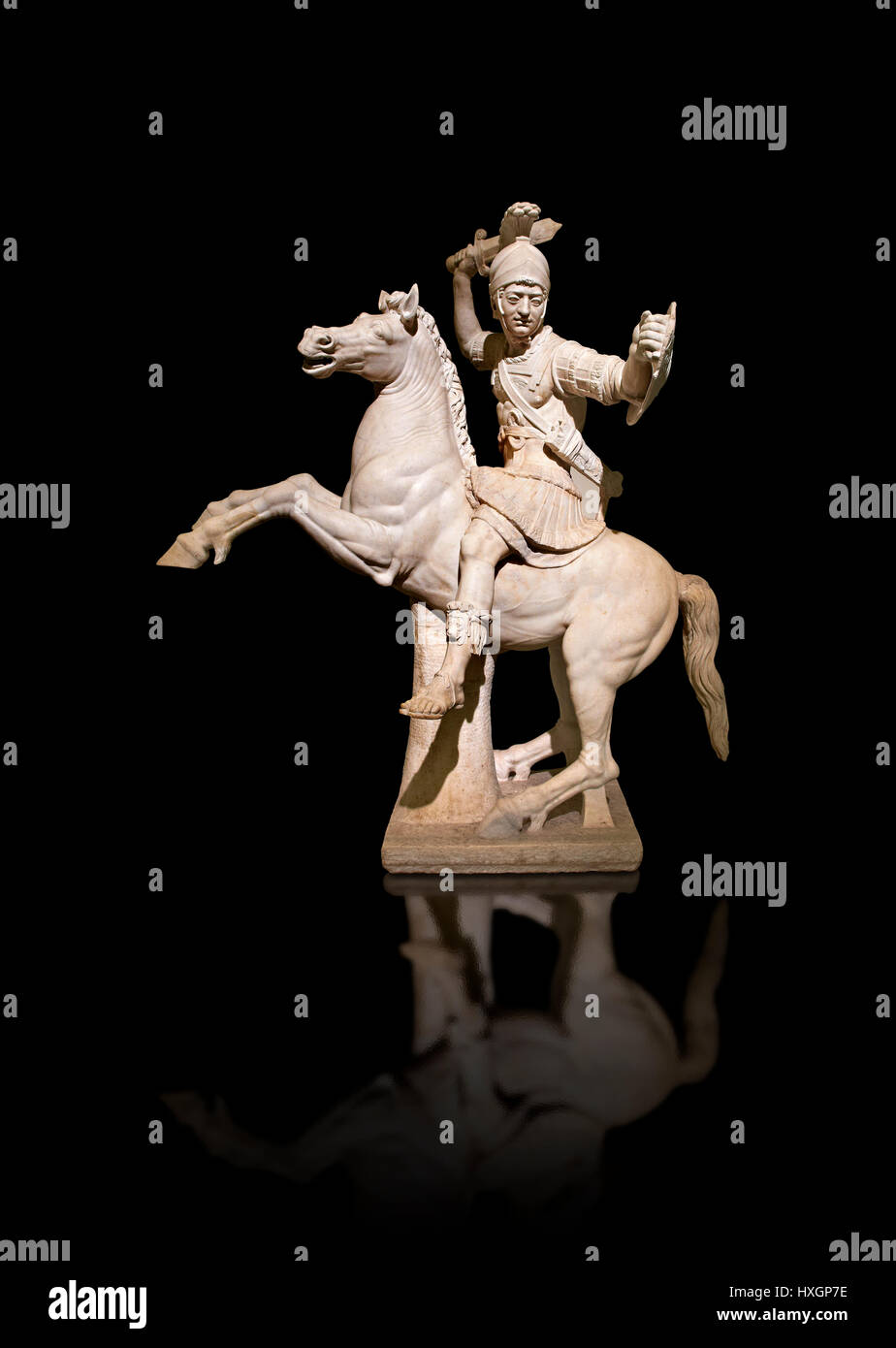 Roman marble sculpture of a warrior on horseback, a 2nd century AD, inv 6405, Naples National Museum of Archaeology, Italy, black  background Stock Photo