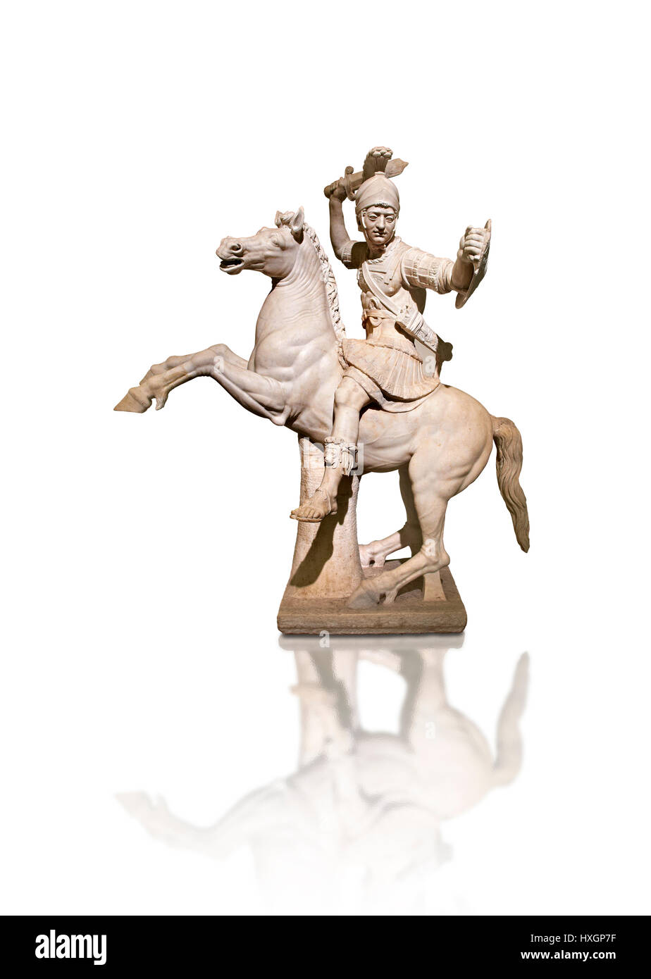 Roman marble sculpture of a warrior on horseback, a 2nd century AD, inv 6405, Naples National Museum of Archaeology, Italy, white background Stock Photo