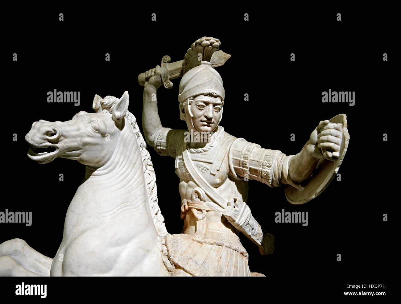 Roman marble sculpture of a warrior on horseback, a 2nd century AD, inv 6405, Naples National Museum of Archaeology, Italy, black  background Stock Photo