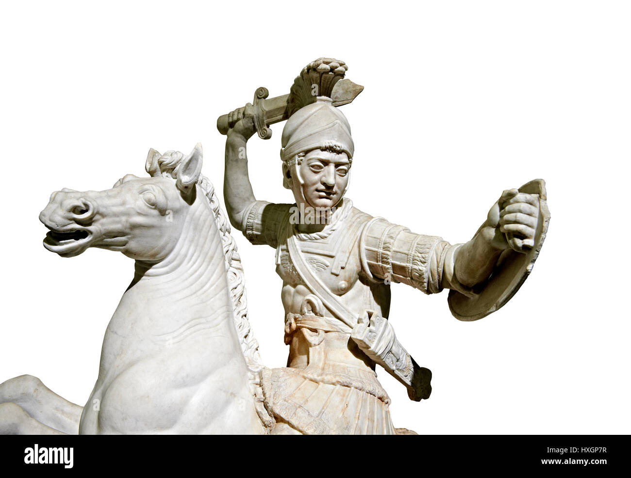 Roman marble sculpture of a warrior on horseback, a 2nd century AD, inv 6405, Naples National Museum of Archaeology, Italy, white background Stock Photo