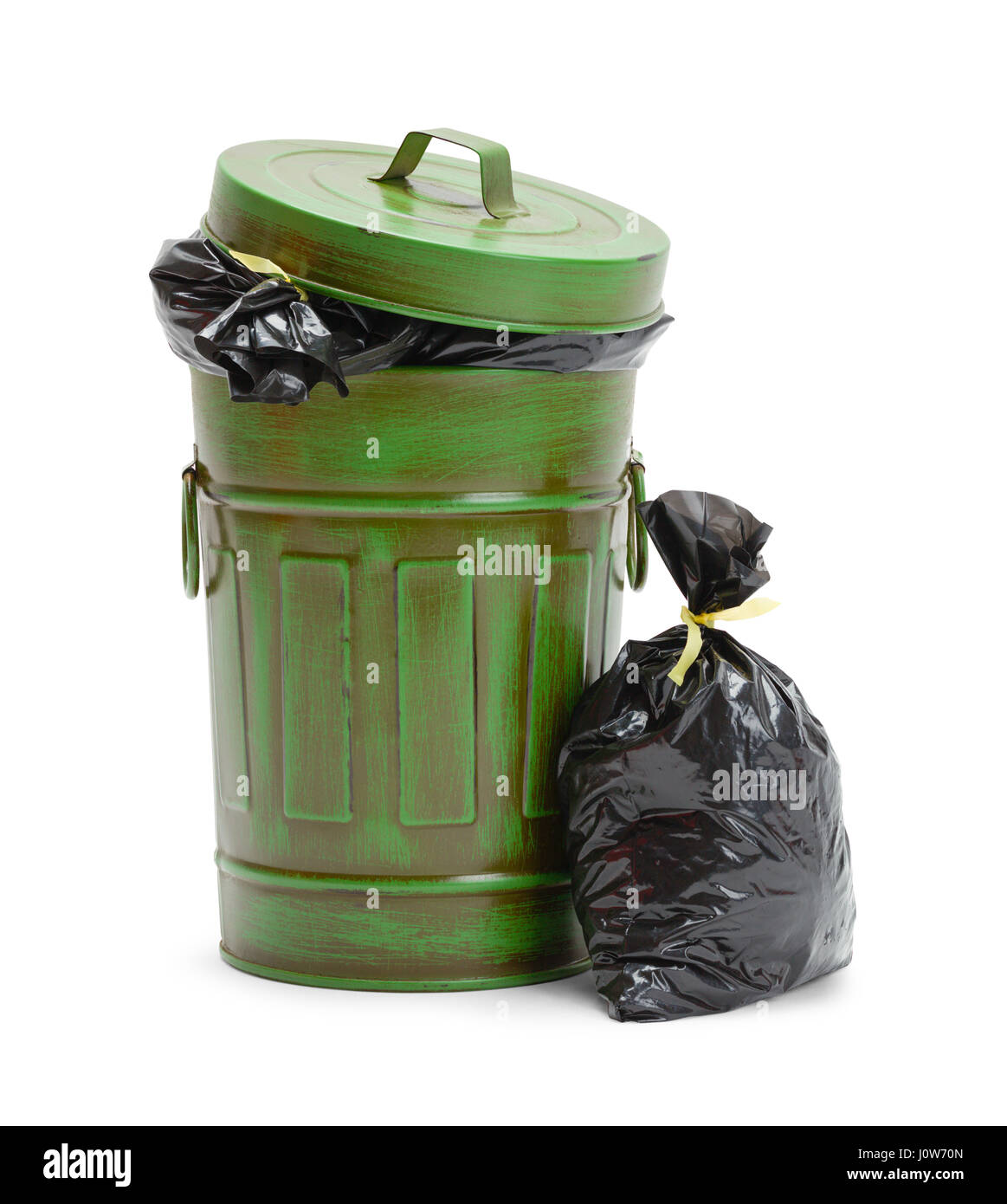 Full Green Trash Can with Garbage Bags Isolated on White Background. Stock Photo