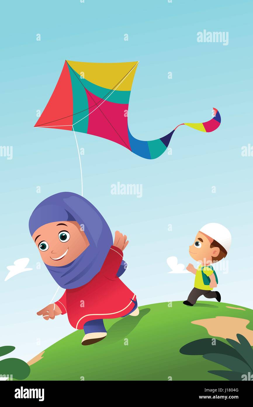 A vector illustration of Muslim Kids Playing Kite Outdoor Stock Vector