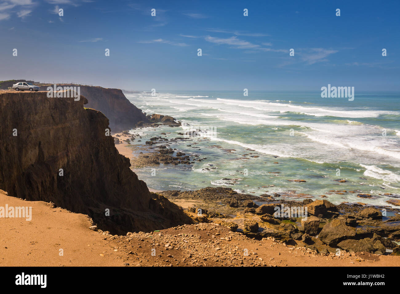 Stormy Atlantic under the cliffs on coast near Rabat-Sale, Morocco Stock Photo