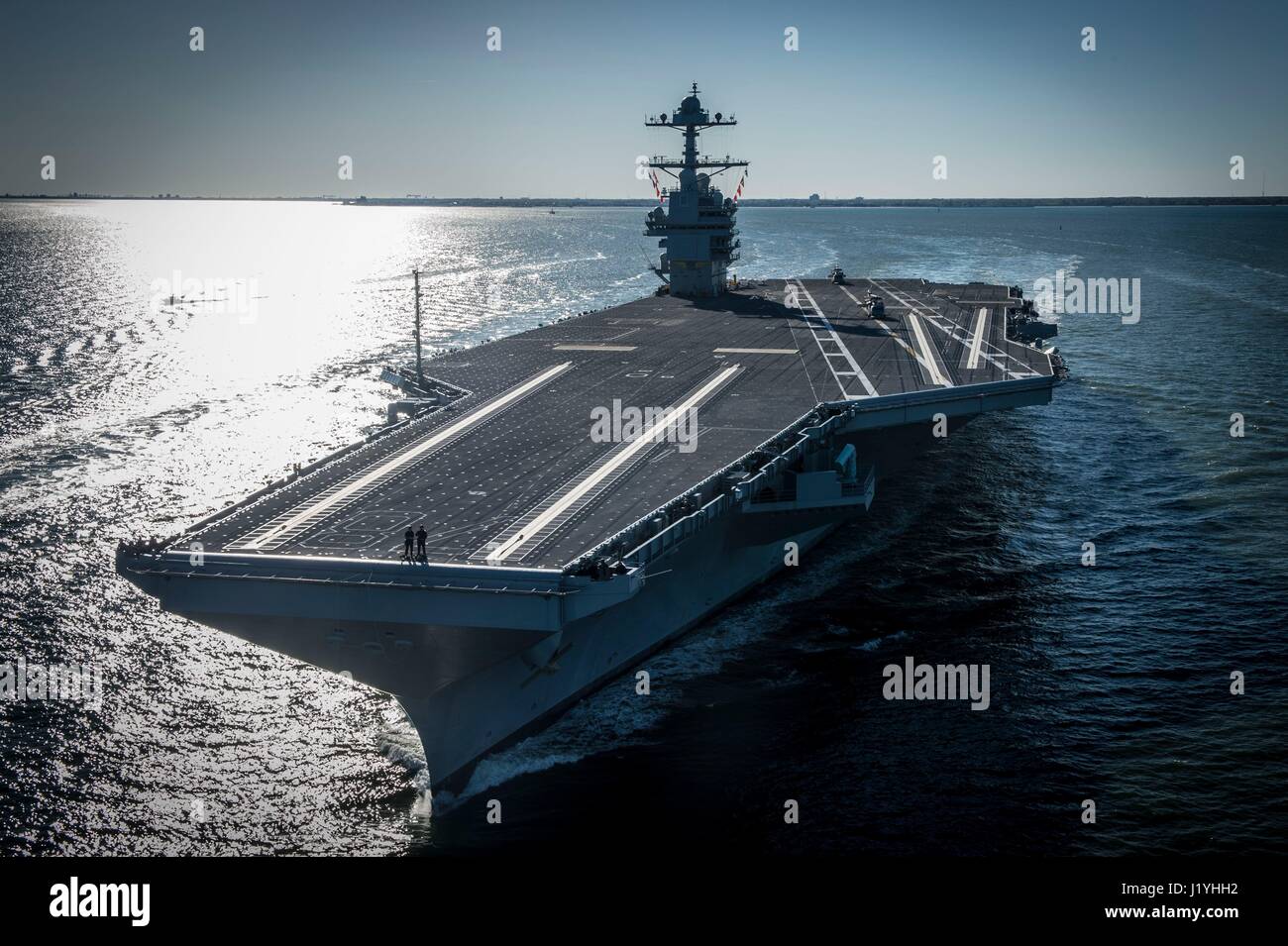 The U.S. Navy Gerald R. Ford-class aircraft carrier USS Gerald R. Ford steams underway April 8, 2017 in Newport News, Virginia.   (photo by Ridge Leoni /US Navy  via Planetpix) Stock Photo