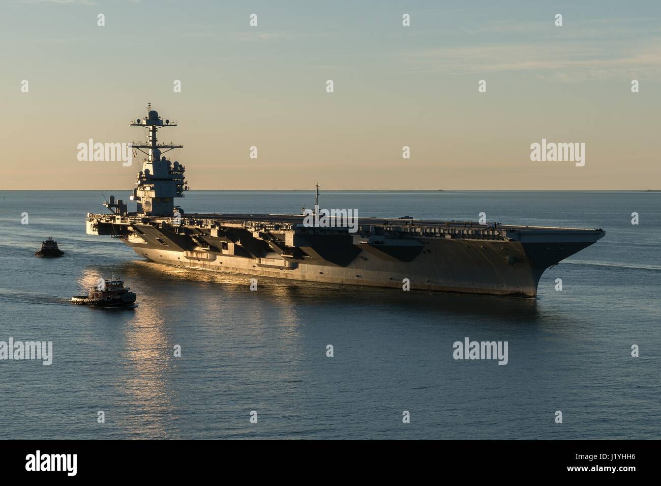 The U.S. Navy Gerald R. Ford-class aircraft carrier USS Gerald R. Ford pulls into the Naval Station Norfolk April 14, 2017 in Norfolk, Virginia.   (photo by Matt Hildreth /US Navy  via Planetpix) Stock Photo