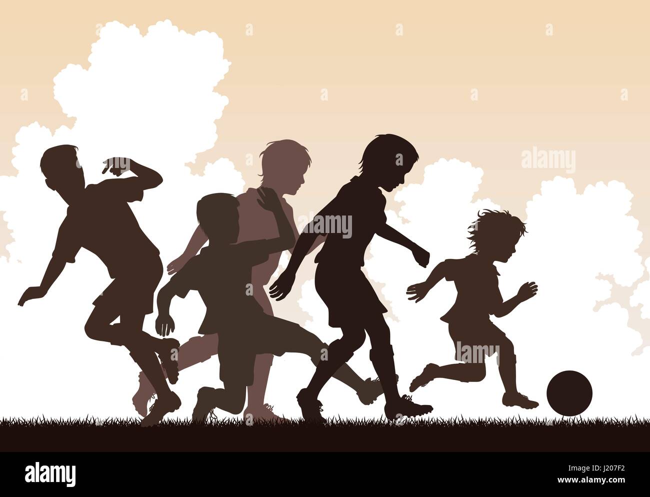 Editable vector illustration of a young boy beating older boys at football Stock Vector