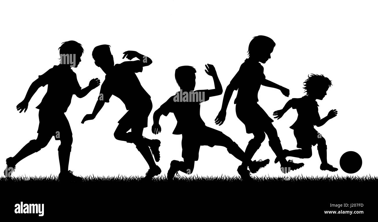 Editable vector silhouette of a young boy beating older boys at football with figures as separate objects Stock Vector