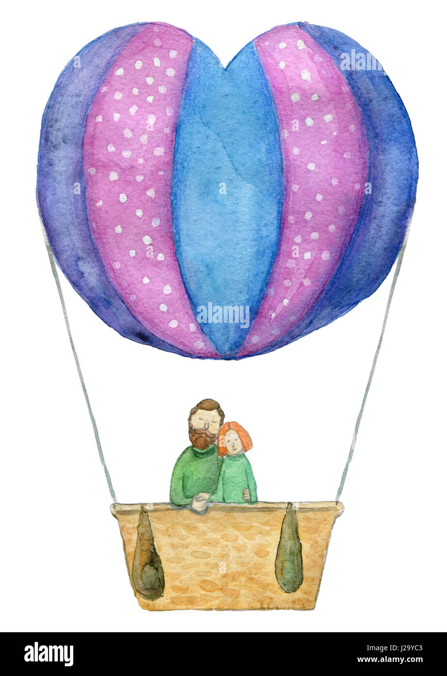 a Valentine's Day, Illustration or postcard of couple Lovebirds in a Hot Air Balloon - work clipping path isolated on white background Stock Photo