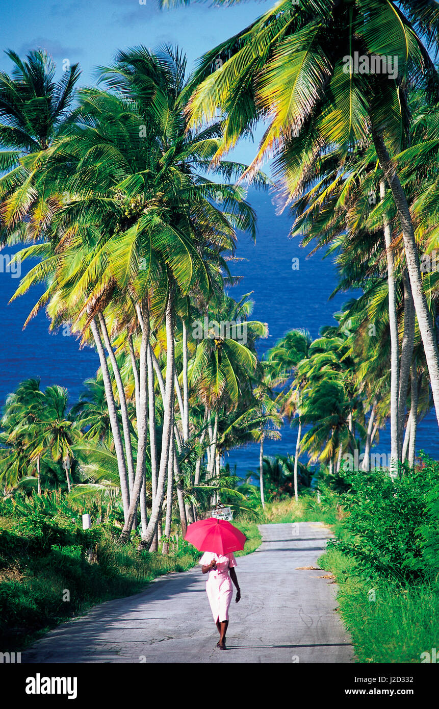 Woman with parasol walking in Barbados Stock Photo