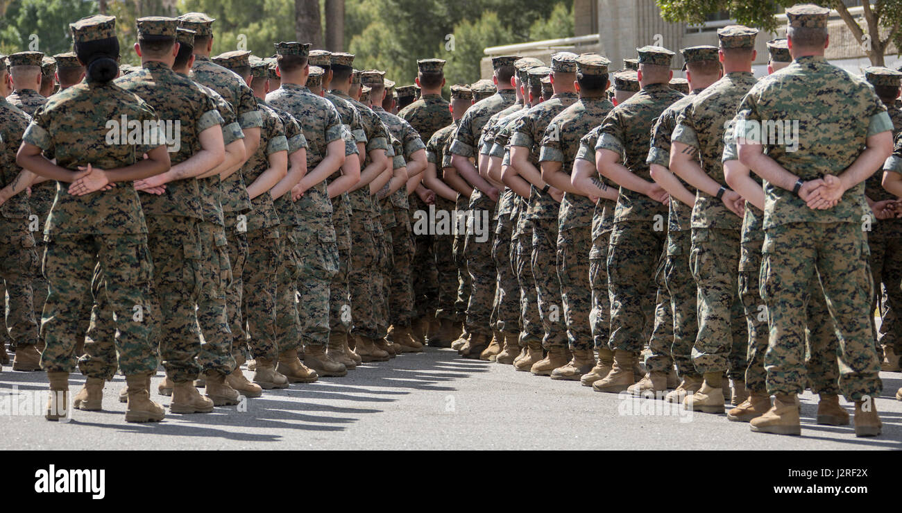 U.S. Marines with School of Infantry West stand at parade rest before a town hall at Marine Corps Base Camp Pendleton, Calif., April 26, 2017. Commandant of the Marine Corps Gen. Robert B. Neller spoke about the importance of respecting fellow Marines and the Marine Corps’ revised social media policy.(U.S. Marine Corps photo by Cpl. Samantha K. Braun) Stock Photo