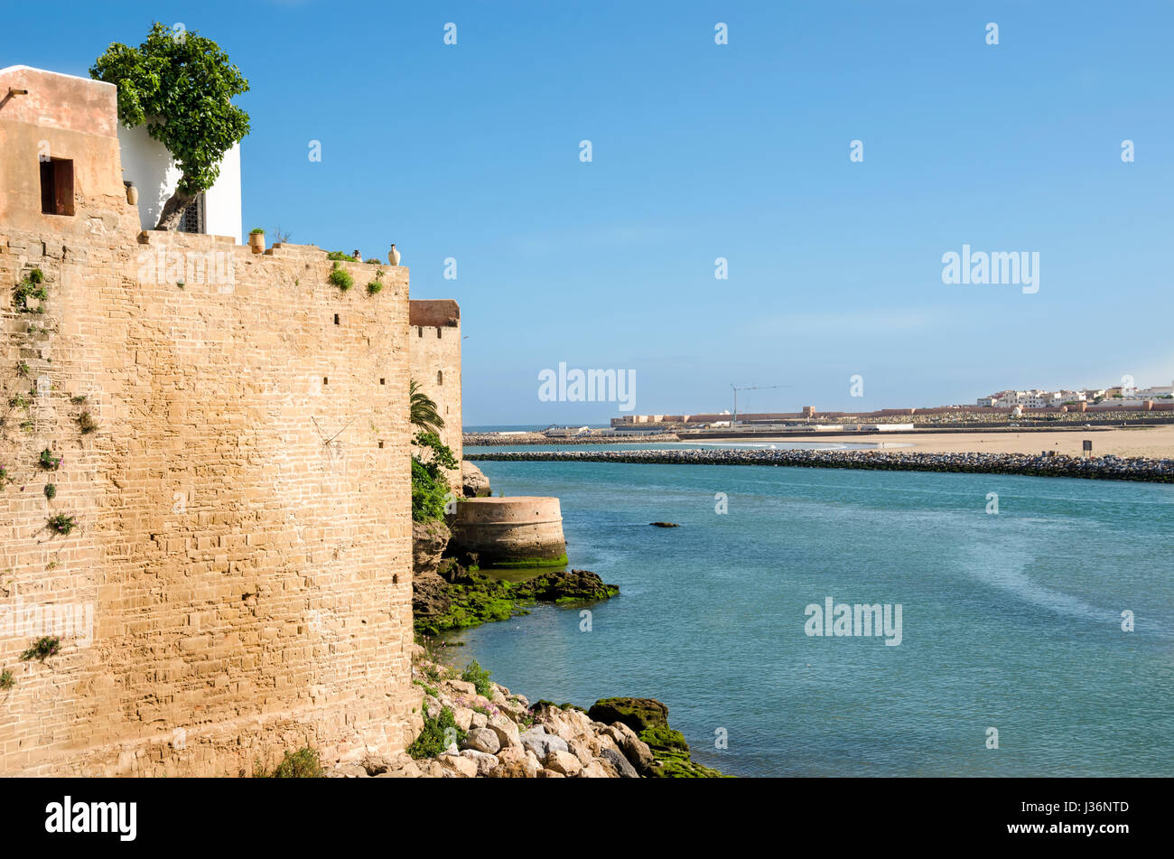 Fortified wall of the Kasbah of the Udayas in Rabat, Morocco located at the mouth of the Bou Regreg river opposite of Salé. Stock Photo