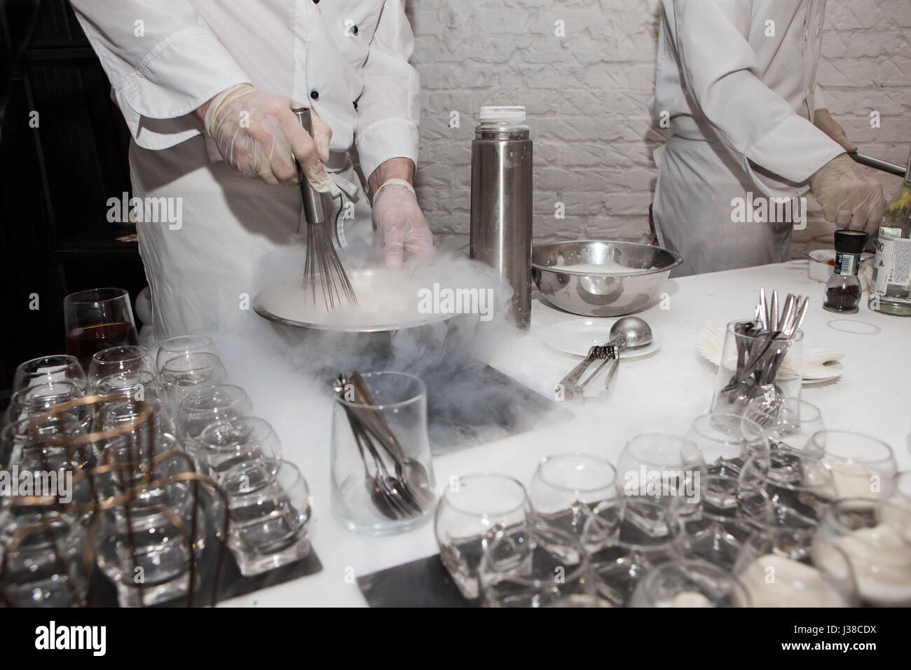 Making ice-cream with liquid nitrogen, chef show Stock Photo