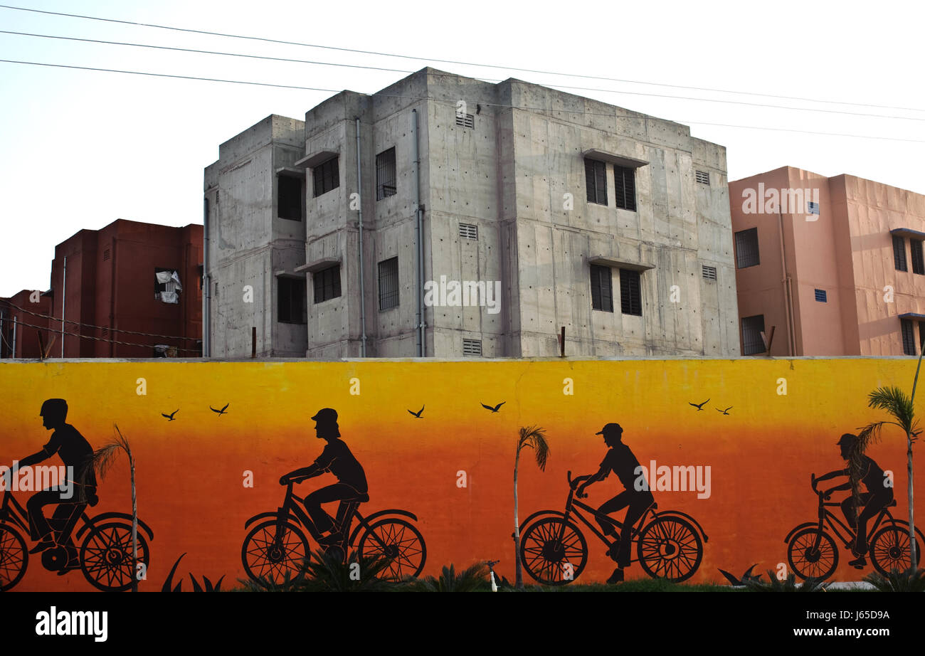 Mural painting + residential buildings under construction at Raipur ( Chhattisgarh state, India) Stock Photo