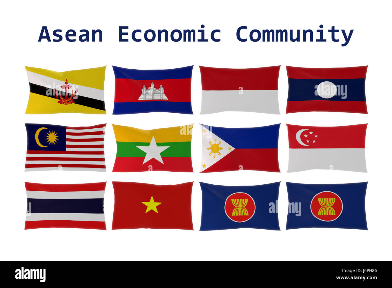 3D rendering of ASEAN country flags (Association of Southeast Asian Nations) and Asean Economic Community (AEC) membership Stock Photo