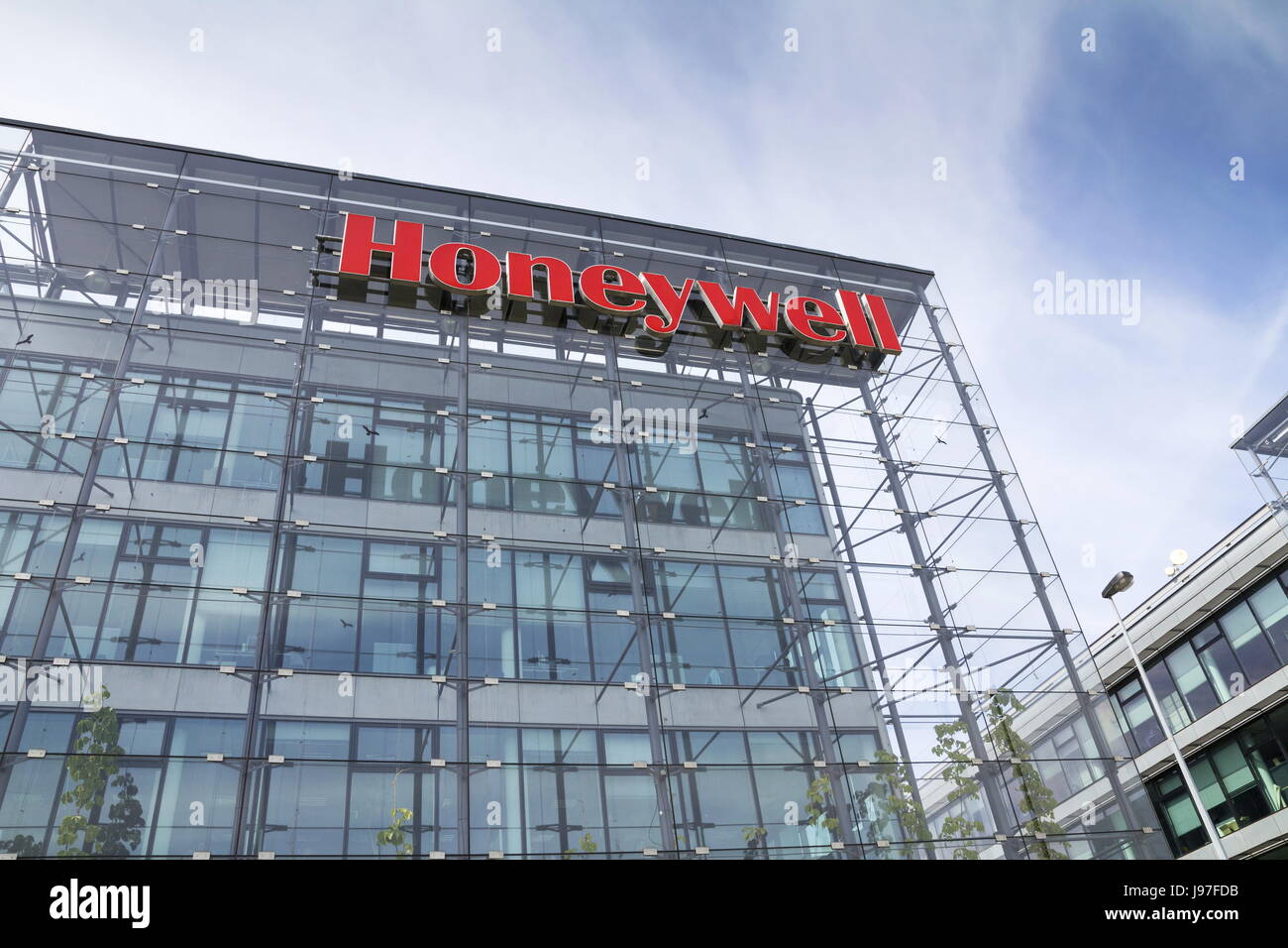 PRAGUE, CZECH REPUBLIC - MAY 22: Honeywell company logo on headquarters  building on May 22, 2017 in Prague, Czech republic. Stock Photo