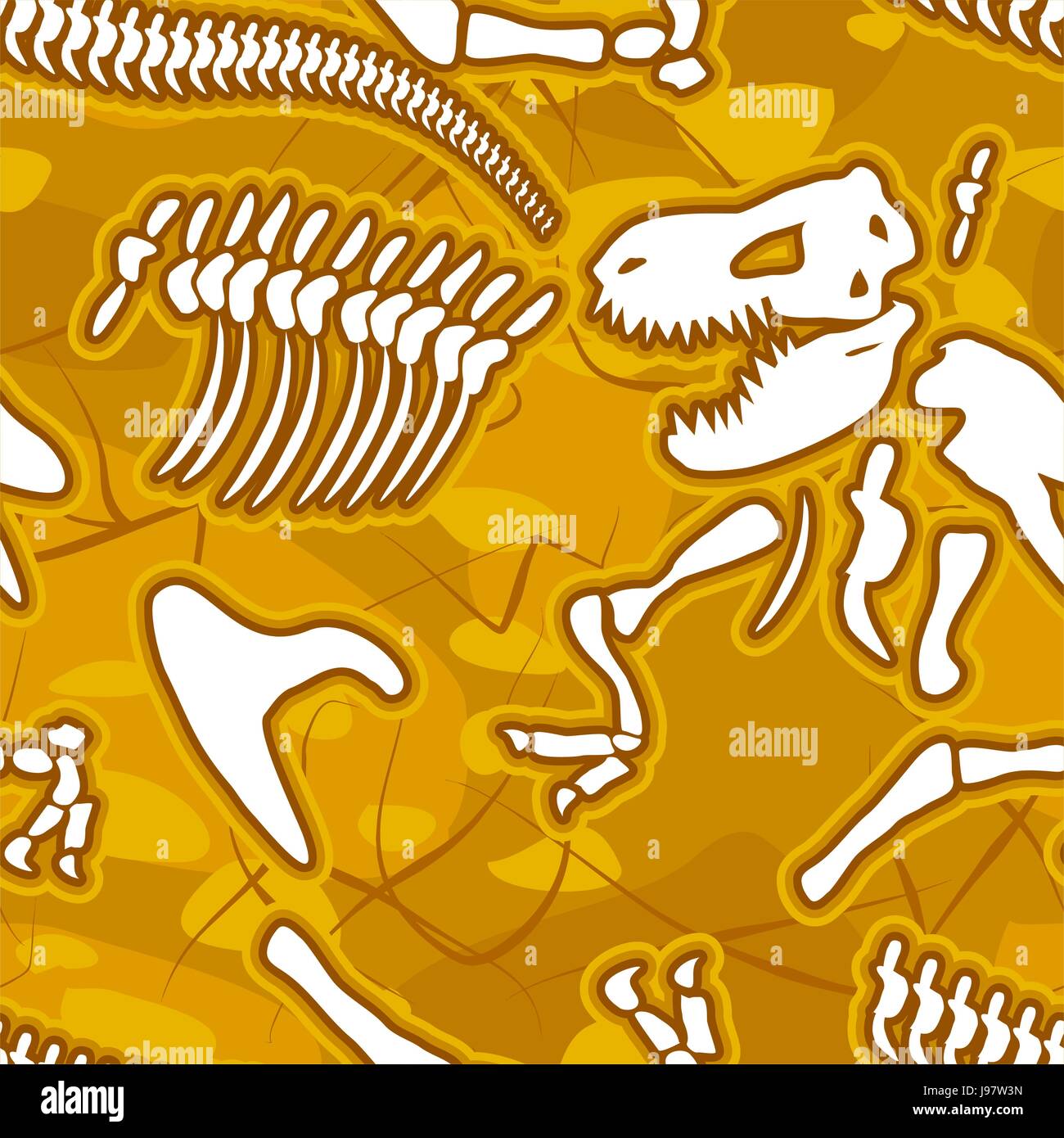 Dinosaur bones seamless background. Pattern of skeleton of ancient animals. Vector ornament fossil Tyrannosaurus Rex. Bones of the Mesozoic period, sa Stock Vector