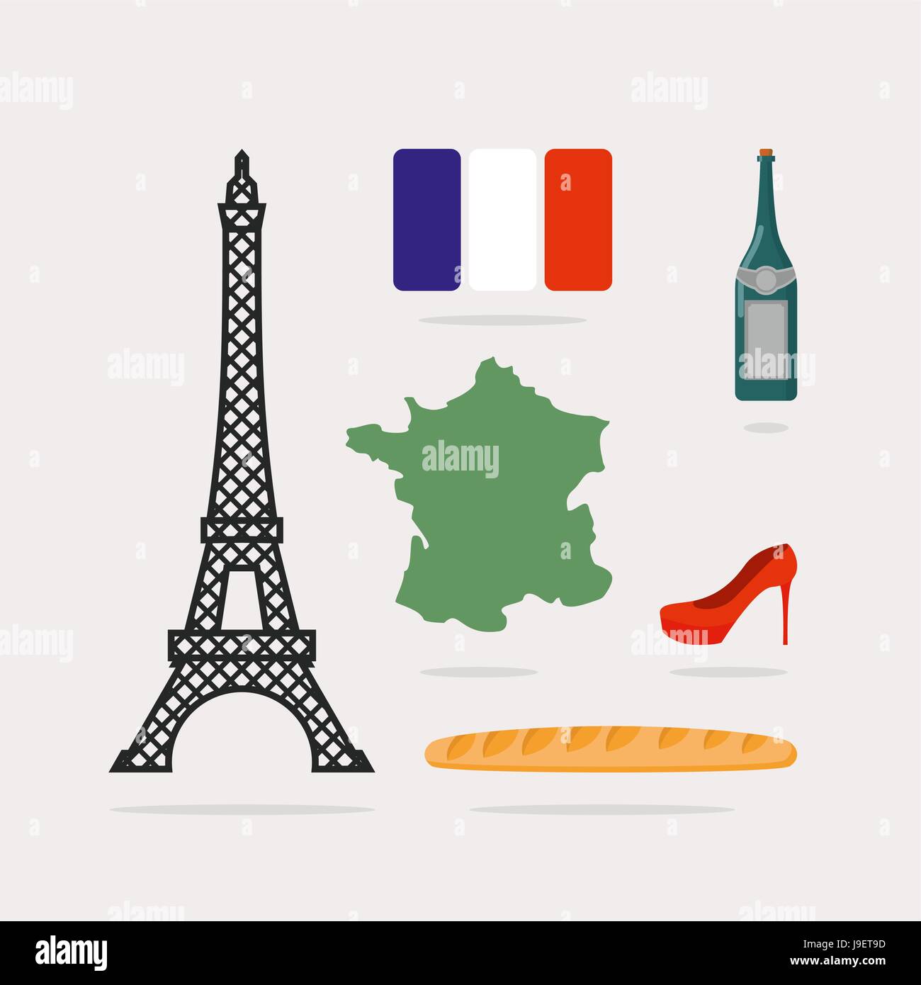 Icons symbols of France. Eiffel Tower and map country. Baguette and bottle of wine. French flag and red beautiful shoes. National characteristics of P Stock Vector