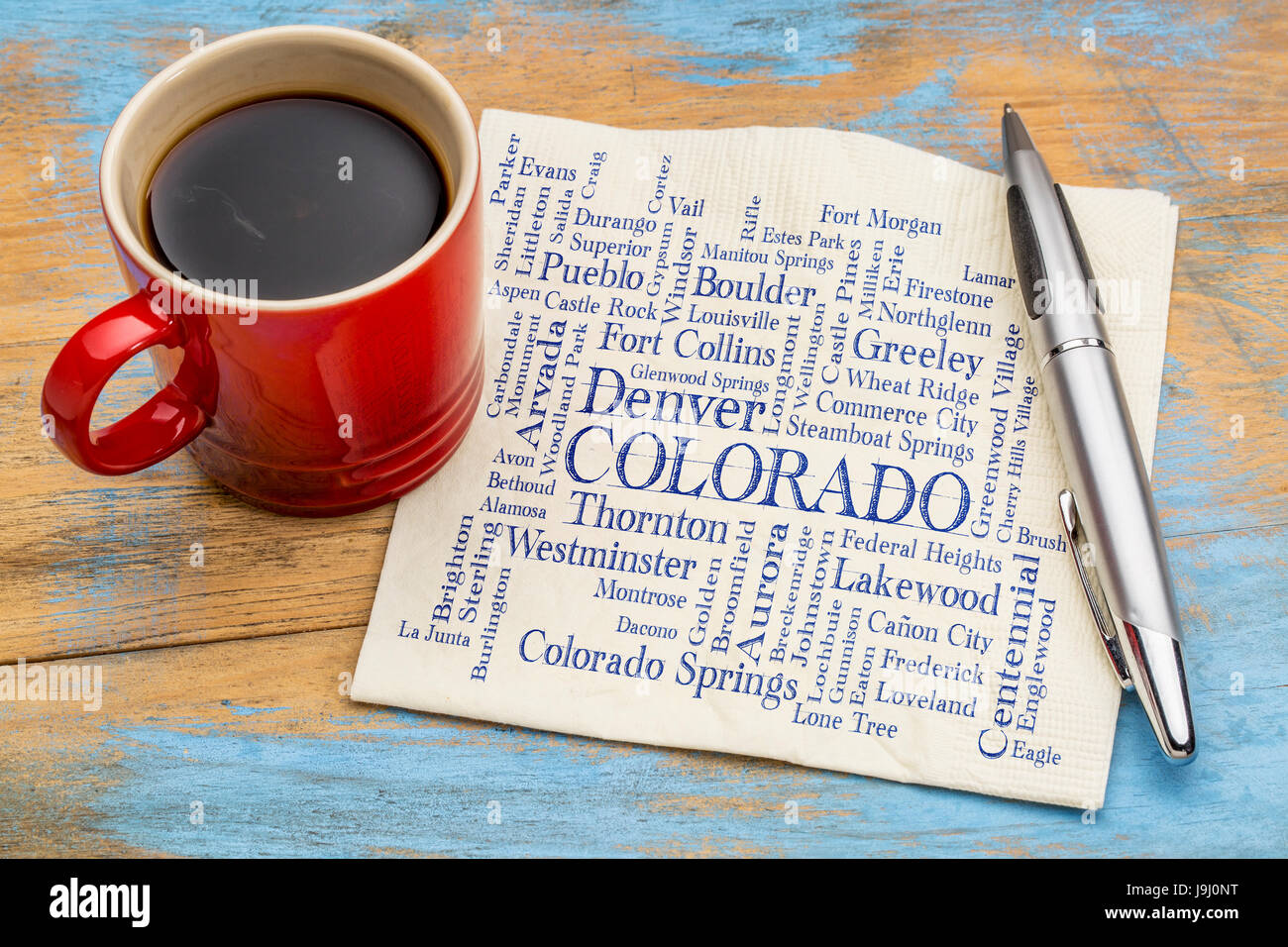 major cities of Colorado (with population more than 5000) word cloud - handwriting on a napkin with a cup of coffee Stock Photo