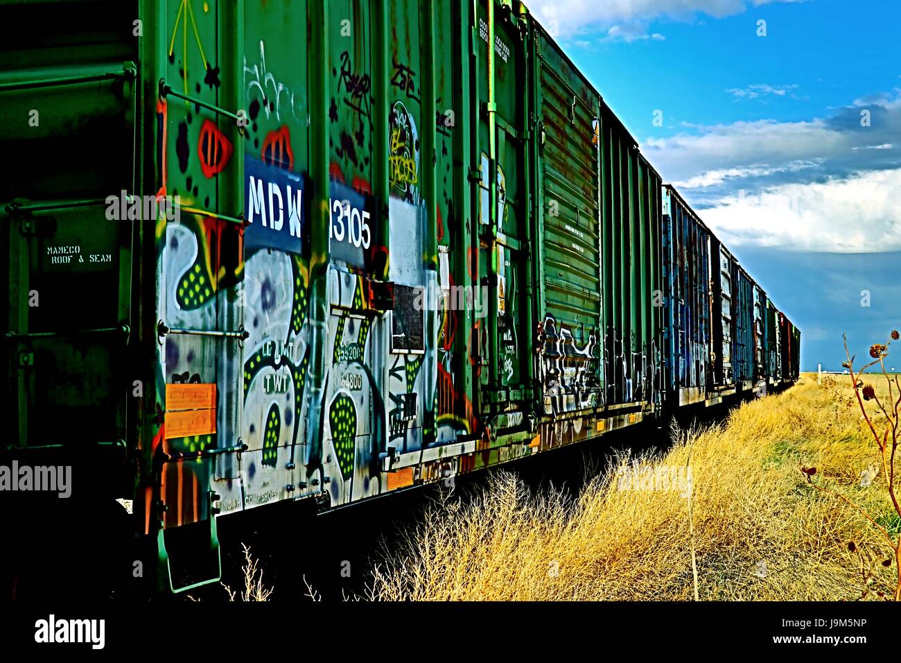 Graffiti on a Parked Train Car Stock Photo