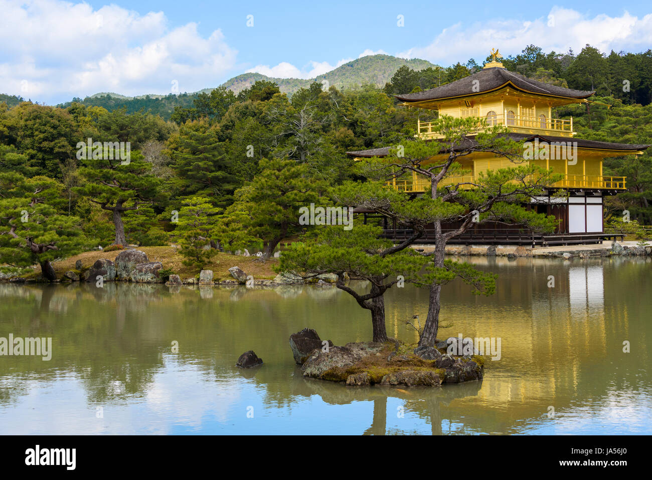 Golden Pavilion, Kyoto, Japanese architecture. Mirror Pond. Typical Japanese garden and architecture. Stock Photo