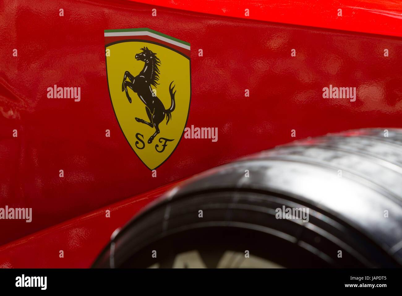 Turin, Italy, 7th June 2017. Ferrari logo on a F1 car. Third edition of Parco Valentino car show hosts cars by many automobile manufacturers and car designers inside Valentino Park in Torino, Italy. Stock Photo