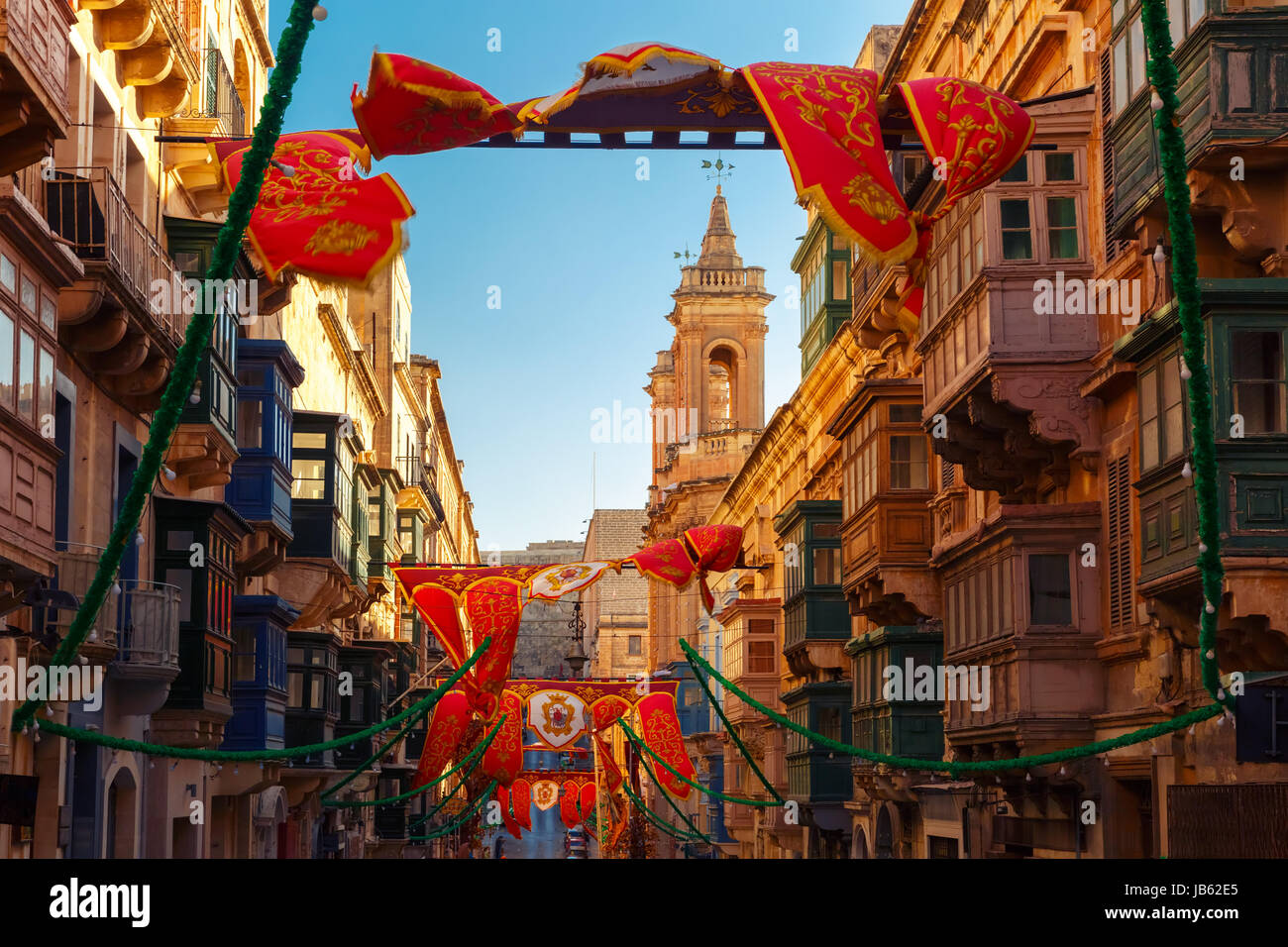 Decorated street in old town of Valletta, Malta Stock Photo