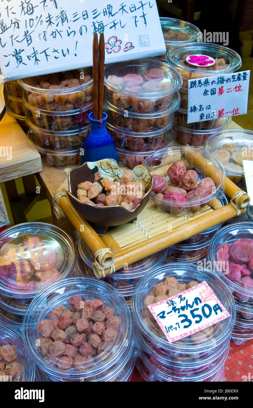 Umeboshi, or pickled plums, on sale at a stall near Haruna, Japan Stock Photo