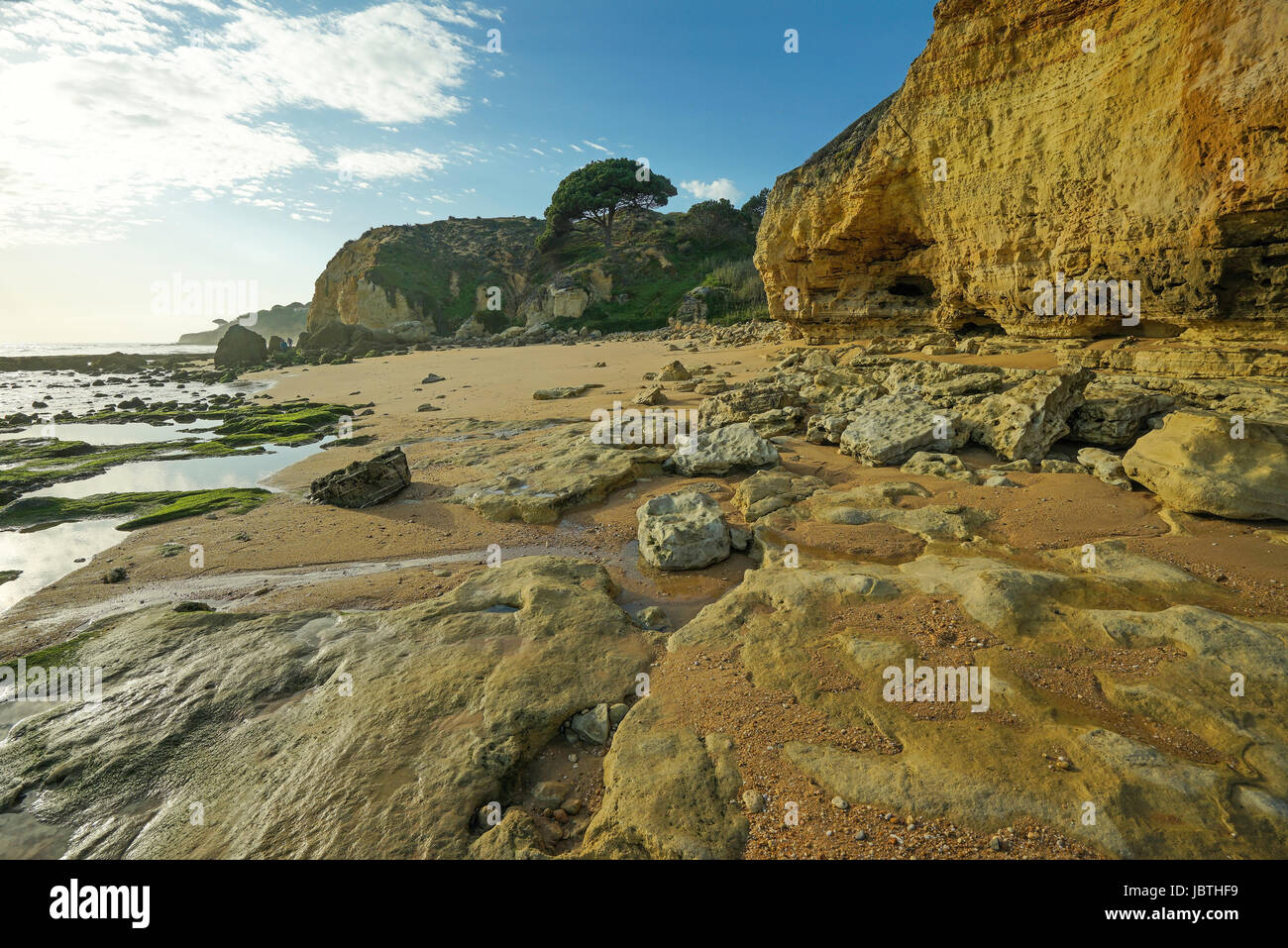 Europe, Portugal, Algarve, stony coast in Algarve with low tide, Europa, steinige Kueste an der Algarve bei Ebbe Stock Photo