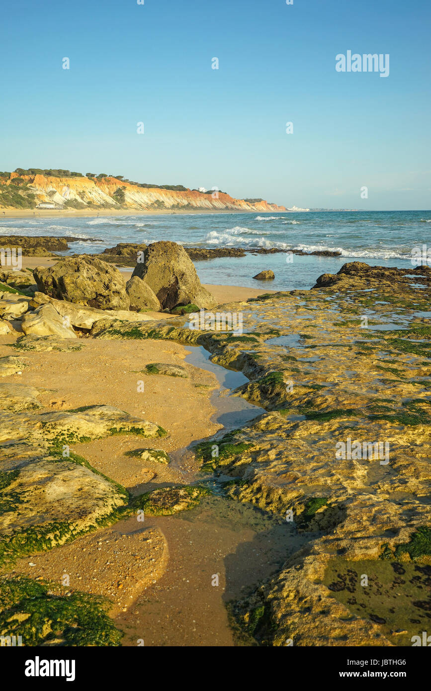 Europe, Portugal, Algarve, stony coast in Algarve with low tide, Europa, steinige Kueste an der Algarve bei Ebbe Stock Photo