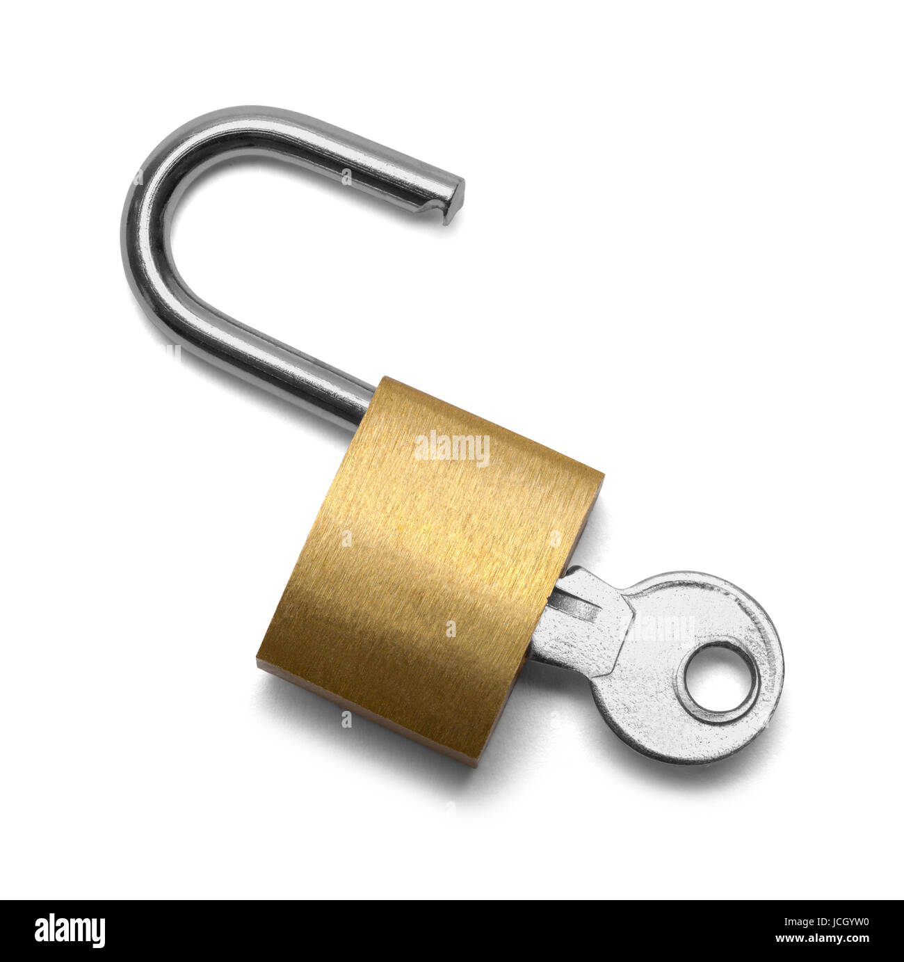 Open Padlock with Key Isolated on White Background. Stock Photo