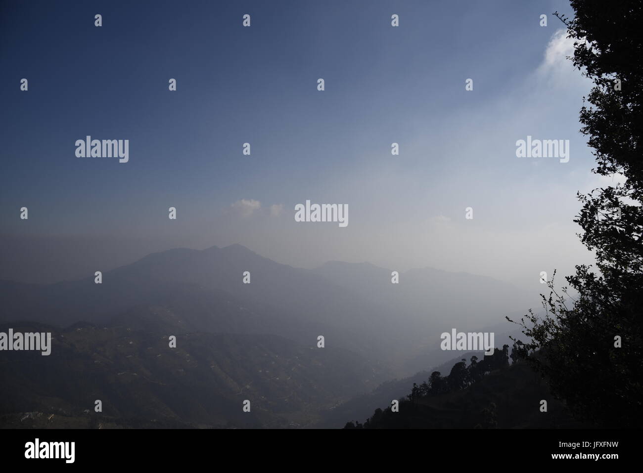 A scenic panorama of Garhwal Himalaya nature beauty and beautiful mountain view from Dhanaulti, Uttrakhand, India, Asia Stock Photo