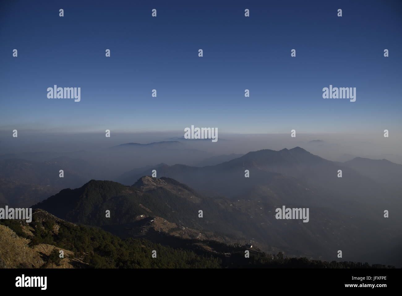 A scenic panorama of Garhwal Himalaya nature beauty and beautiful mountain view from Dhanaulti, Uttrakhand, India, Asia Stock Photo